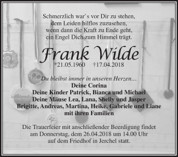 Traueranzeige von Frank Wilde von Märkische Oderzeitung