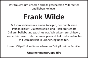 Traueranzeige von Frank Wilde von Märkische Oderzeitung