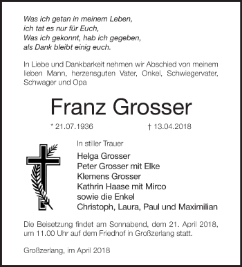 Traueranzeige von Franz Grosser von Märkische Oderzeitung