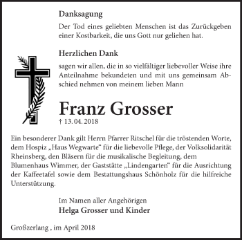 Traueranzeige von Franz Grosser von Märkische Oderzeitung