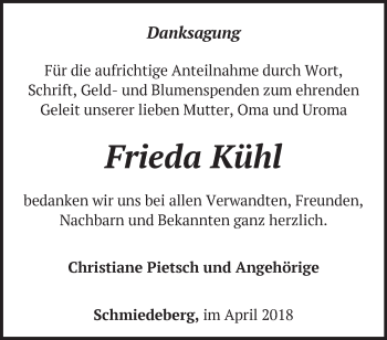 Traueranzeige von Frieda Kühl von Märkische Oderzeitung