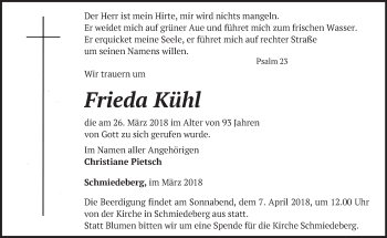 Traueranzeige von Frieda Kühl von Märkische Oderzeitung