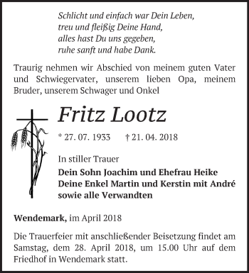 Traueranzeige von Fritz Lootz von Märkische Oderzeitung