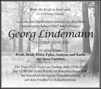 Traueranzeige von Georg Lindemann von Märkische Oderzeitung