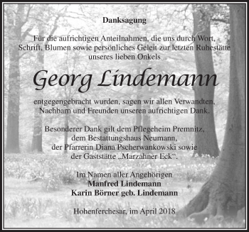 Traueranzeige von Georg Lindemann von Märkische Oderzeitung