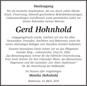 Traueranzeige von Gerd Hohnhold von Märkische Oderzeitung