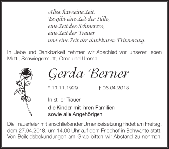 Traueranzeige von Gerda Berner von Märkische Oderzeitung