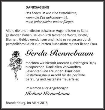 Traueranzeige von Gerda Rennebaum von Märkische Oderzeitung