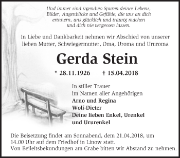 Traueranzeige von Gerda Stein von Märkische Oderzeitung