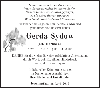 Traueranzeige von Gerda Sydow von Märkische Oderzeitung