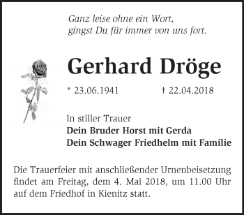 Traueranzeige von Gerhard Dröge von Märkische Oderzeitung