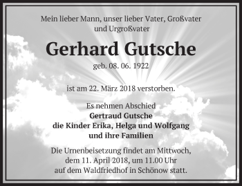 Traueranzeige von Gerhard Gutsche von Märkische Oderzeitung