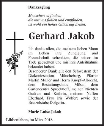 Traueranzeige von Gerhard Jakob von Märkische Oderzeitung