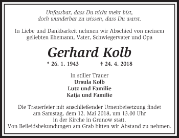 Traueranzeige von Gerhard Kolb von Märkische Oderzeitung