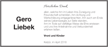 Traueranzeige von Gero Liebek von Märkische Oderzeitung