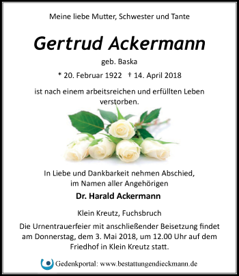 Traueranzeige von Gertrud Ackermann von Märkische Oderzeitung