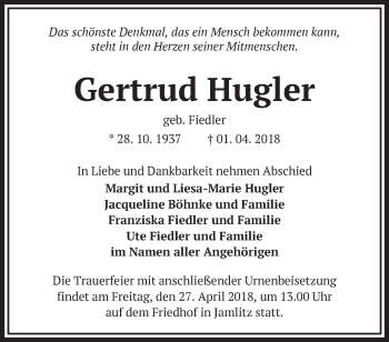 Traueranzeige von Gertrud Hugler von Märkische Oderzeitung