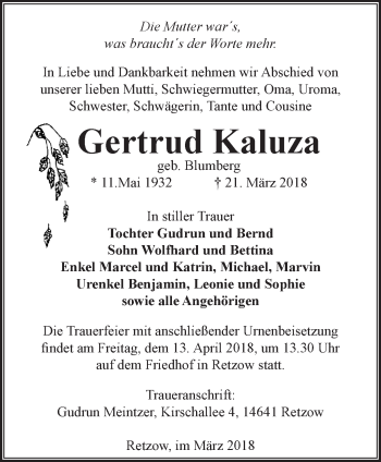 Traueranzeige von Gertrud Kaluza von Märkische Oderzeitung