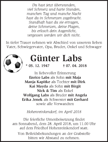 Traueranzeige von Günter Labs von Märkische Oderzeitung