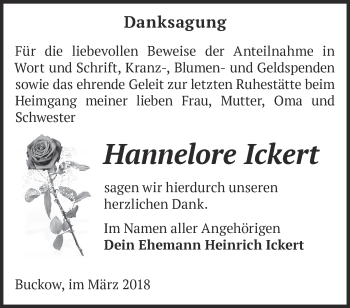 Traueranzeige von Hannelore Ickert von Märkische Oderzeitung