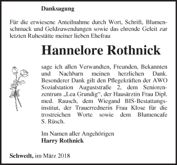 Traueranzeige von Hannelore Rothnick von Märkische Oderzeitung