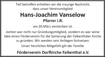 Traueranzeige von Hans-Joachim Vanselow von Märkische Oderzeitung