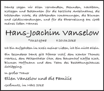 Traueranzeige von Hans-Joachim Vanselow von Märkische Oderzeitung