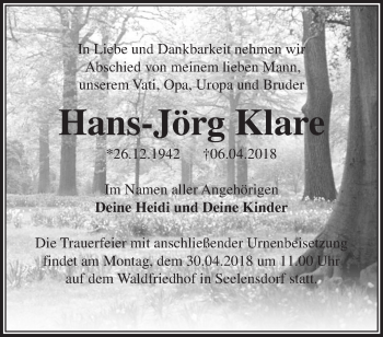 Traueranzeige von Hans-Jörg Klare von Märkische Oderzeitung