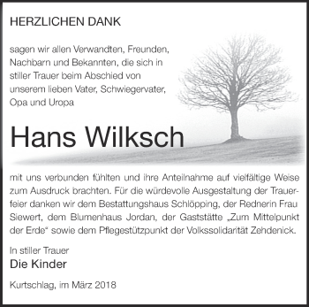 Traueranzeige von Hans Wilksch von Märkische Oderzeitung