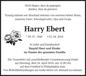 Traueranzeige von Harry Ebert von Märkische Oderzeitung