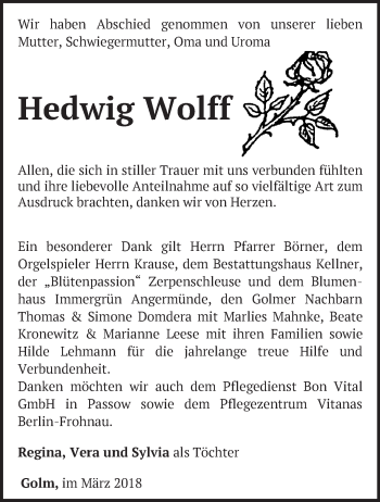 Traueranzeige von Hedwig Wolff von Märkische Oderzeitung