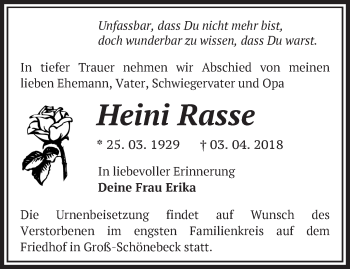 Traueranzeige von Heini Rasse von Märkische Oderzeitung