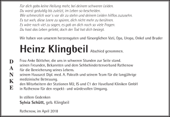 Traueranzeige von Heinz Klingbeil von Märkische Oderzeitung