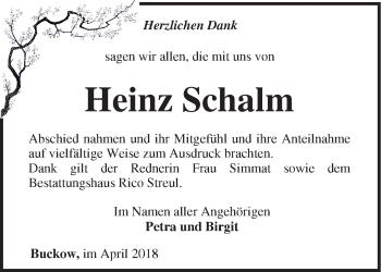 Traueranzeige von Heinz Schalm von Märkische Oderzeitung