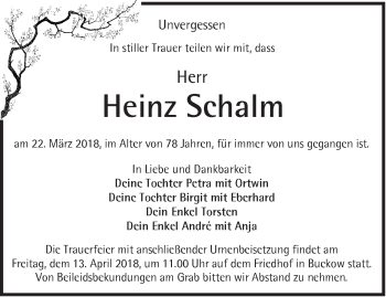 Traueranzeige von Heinz Schalm von Märkische Oderzeitung