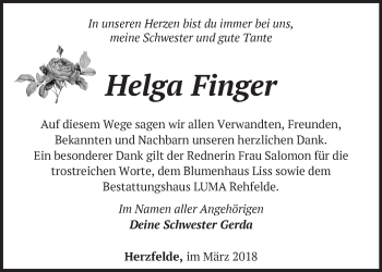 Traueranzeige von Helga Finger von Märkische Oderzeitung