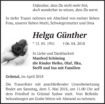 Traueranzeige von Helga Günther von Märkische Oderzeitung