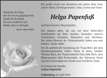 Traueranzeige von Helga Papenfuß von Märkische Oderzeitung