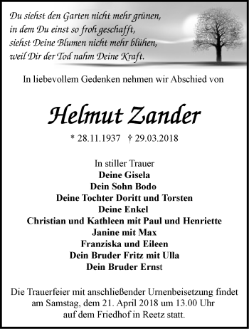 Traueranzeige von Helmut Zander von Märkische Oderzeitung