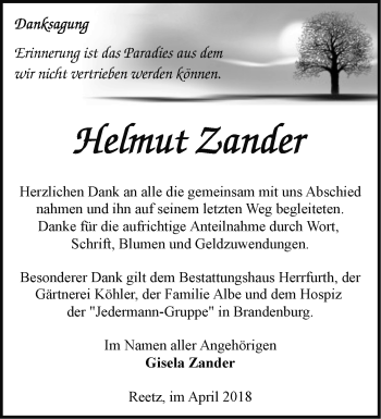 Traueranzeige von Helmut Zander von Märkische Oderzeitung