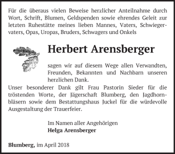 Traueranzeige von Herbert Arensberger von Märkische Oderzeitung