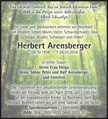 Traueranzeige von Herbert Arensberger von Märkische Oderzeitung