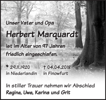 Traueranzeige von Herbert Marquardt von Märkische Oderzeitung