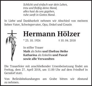 Traueranzeige von Hermann Hölzer von Märkische Oderzeitung