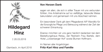 Traueranzeige von Hildegard Hinz von Märkische Oderzeitung