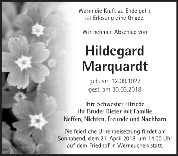 Traueranzeige von Hildegard Marquardt von Märkische Oderzeitung