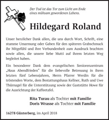 Traueranzeige von Hildegard Roland von Märkische Oderzeitung