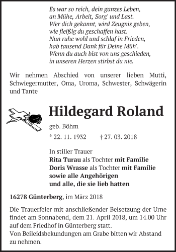 Traueranzeige von Hildegard Roland von Märkische Oderzeitung