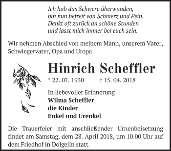 Traueranzeige von Hinrich Scheffler von Märkische Oderzeitung