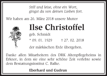 Traueranzeige von Ilse Christoffel von Märkische Oderzeitung